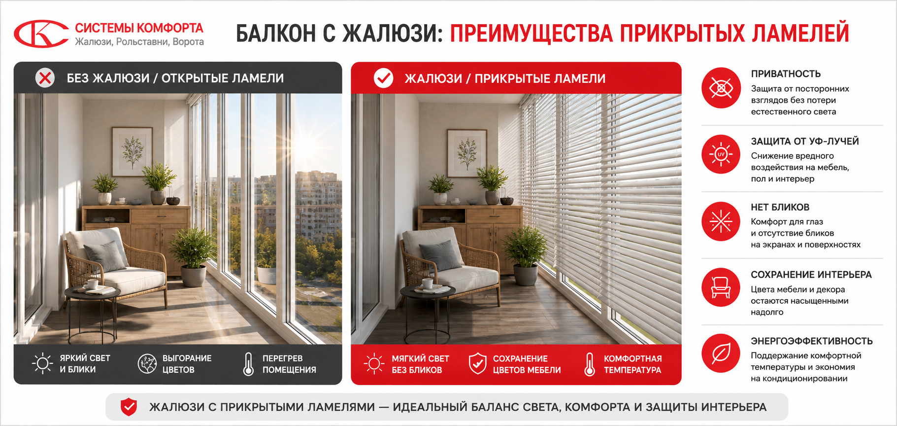 Защита балкона от солнца с помощью жалюзи